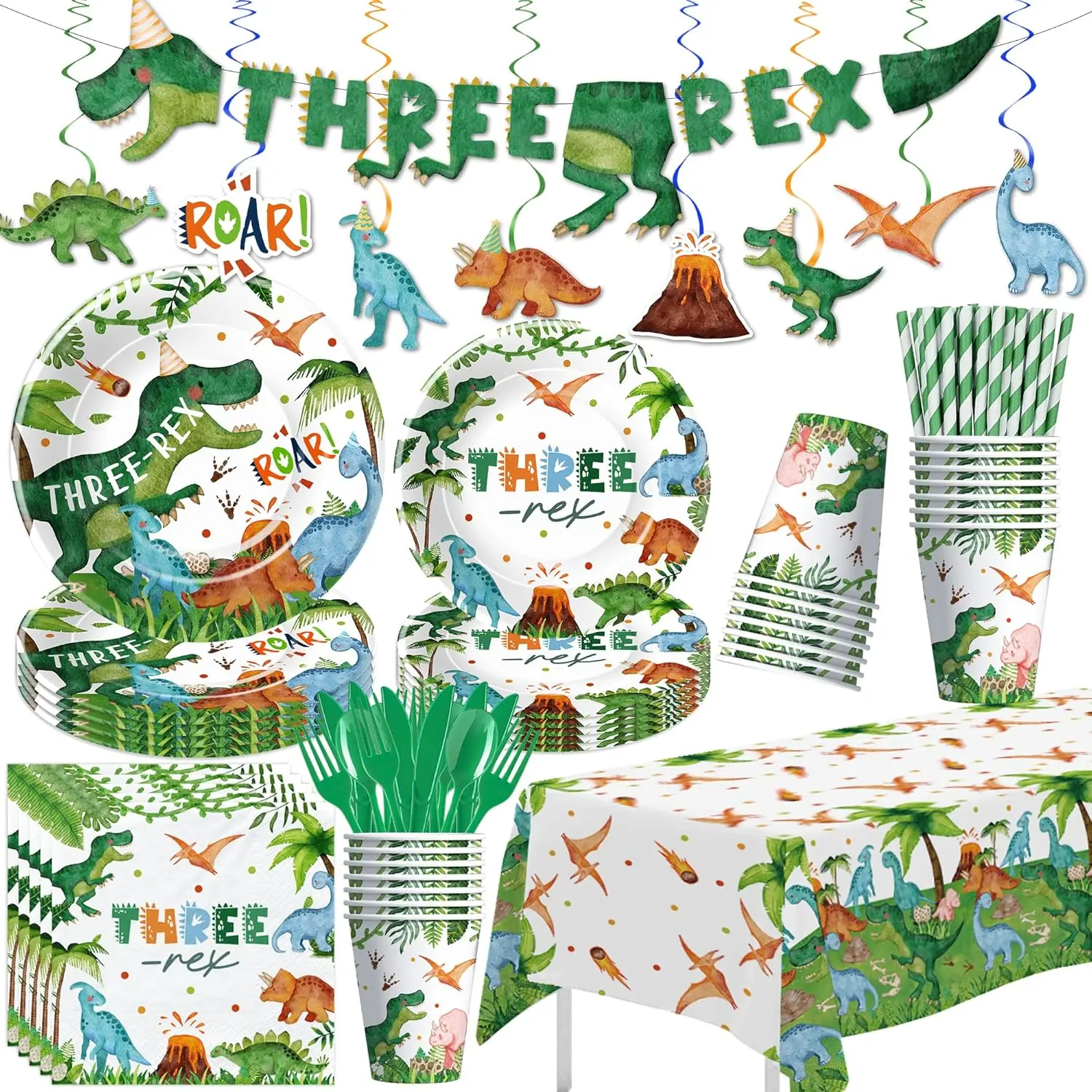 Dinosaur 3rd Birthday Party Supplies Decorations, Dino Theme Three Rex Birthday Decorations, Paper Plates, Cups, Napkins, Tablecloth, Disposable Cutlery, Swirls, Banner, Serves 24