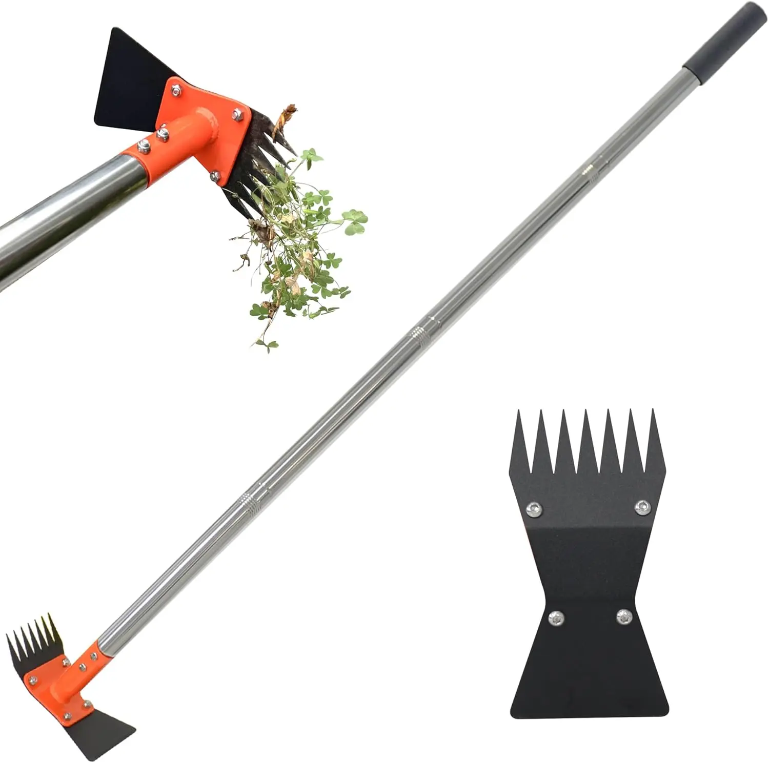 2-in-1 Garden Hoe & Weed Puller Rake, 60-in Adjustable Long Handle Weeding Tool with Heavy-Duty Spring Steel Sand Texture Head, for Garden, Lawn, Driveway