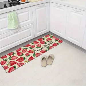 One spring sweet strawberry and bee pattern, kitchen mat, non-slip, washable kitchen rugs, polyester kitchen mat, holiday kitchen floor mat, sink, outdoor home decoration holiday gift, bathroom floor mat