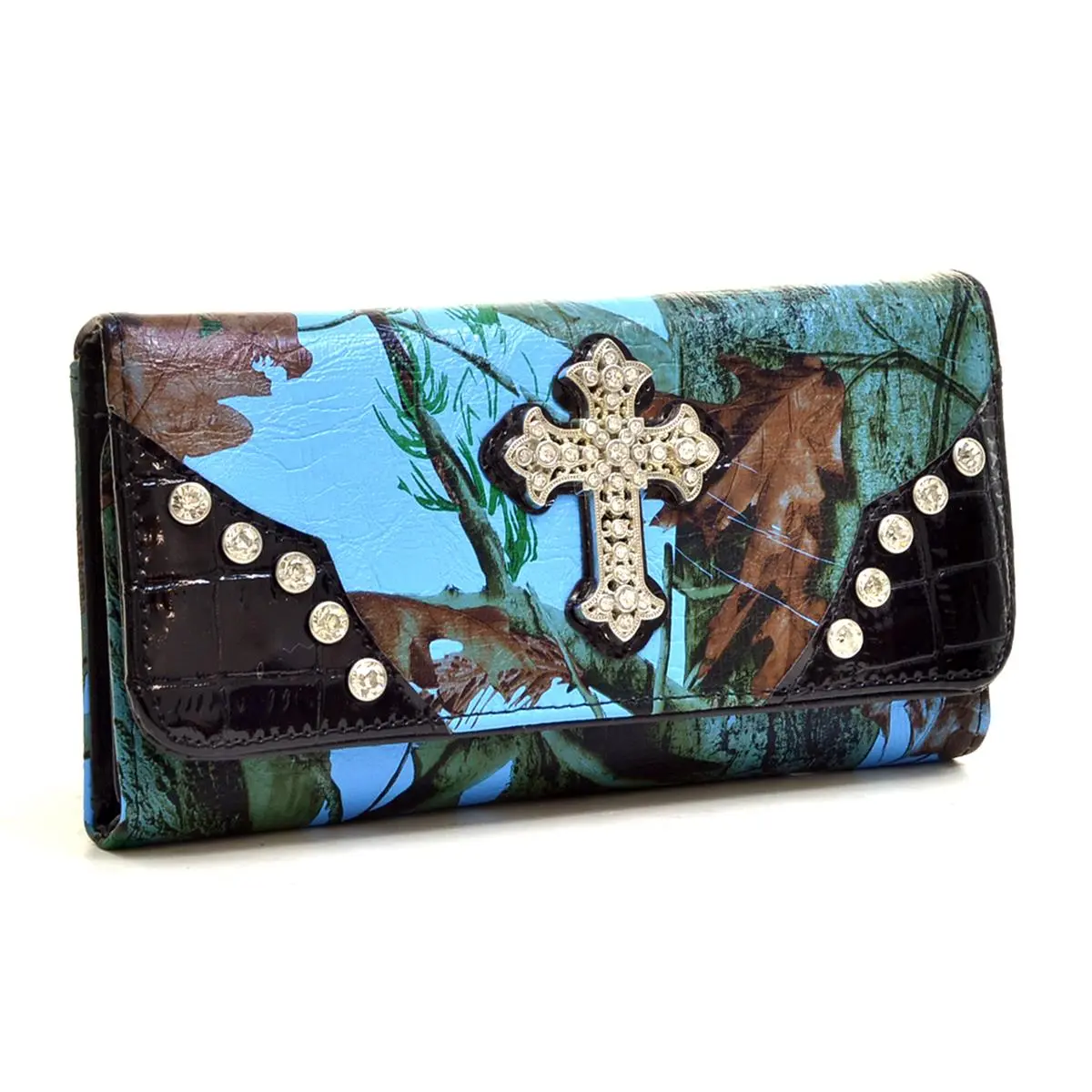 Gold Rush WC99-BLU & CAM Western Rhinestone Cross Accent Wallet - Blue & Camouflage, All-In-One Women's Wallets, Multicolored Women's Wallets