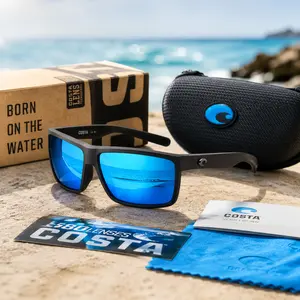 Costa 580P Polarized Sunglasses, Matte Black Frame with Blue Mirror Lenses for Fishing, Boating & Driving, Hard Case Included