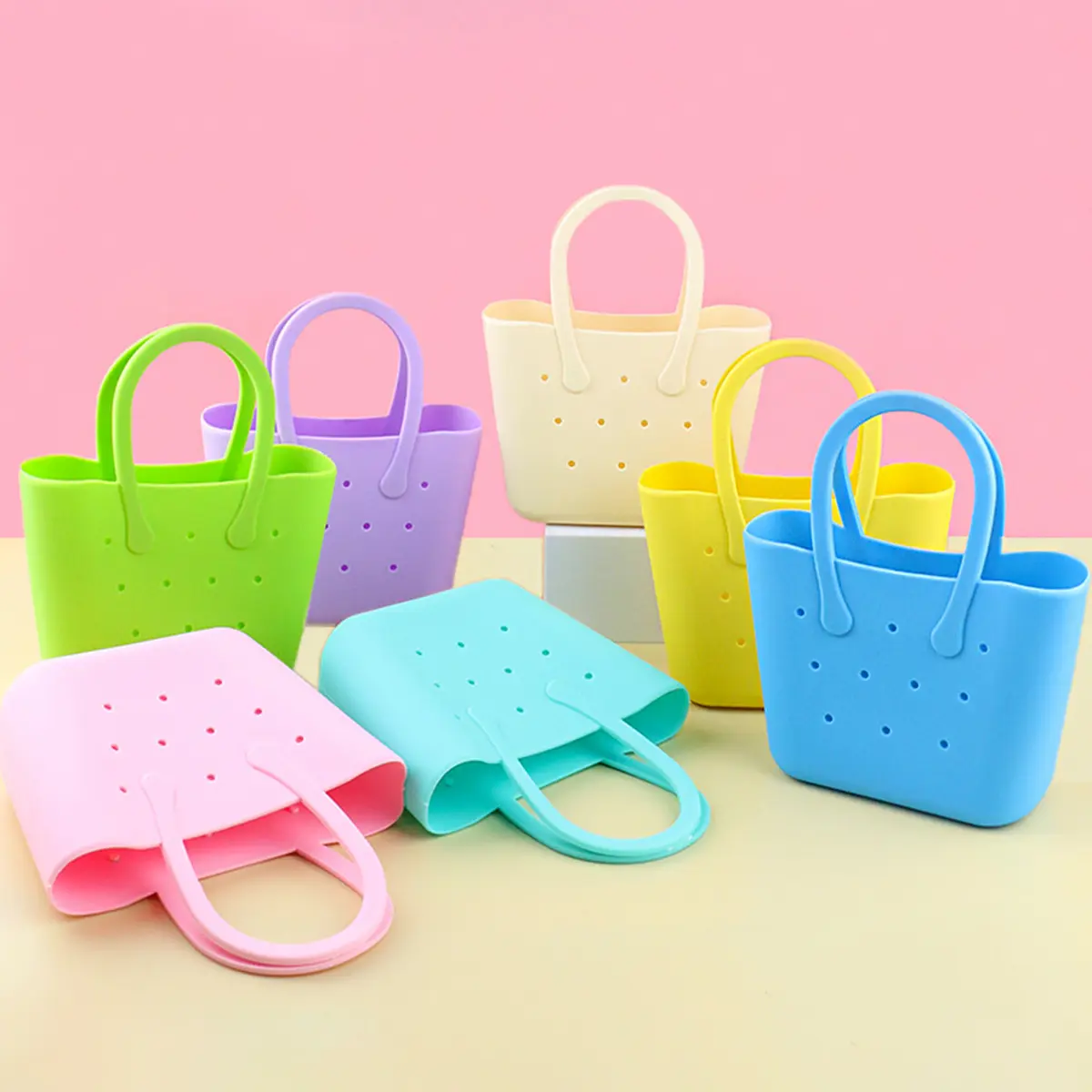 Women's Portable Silicone Casual Cute DIY Tote Bag - Small Open Design Solid Color Double-Handle Handbag for Everyday Carry, Shopping; Do Not Wash