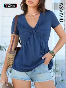 Women's Solid V-Neck Short Sleeve Blouse, Casual Twist Front Pullover Top, Comfortable Daily Wear, Simple Design for Summer