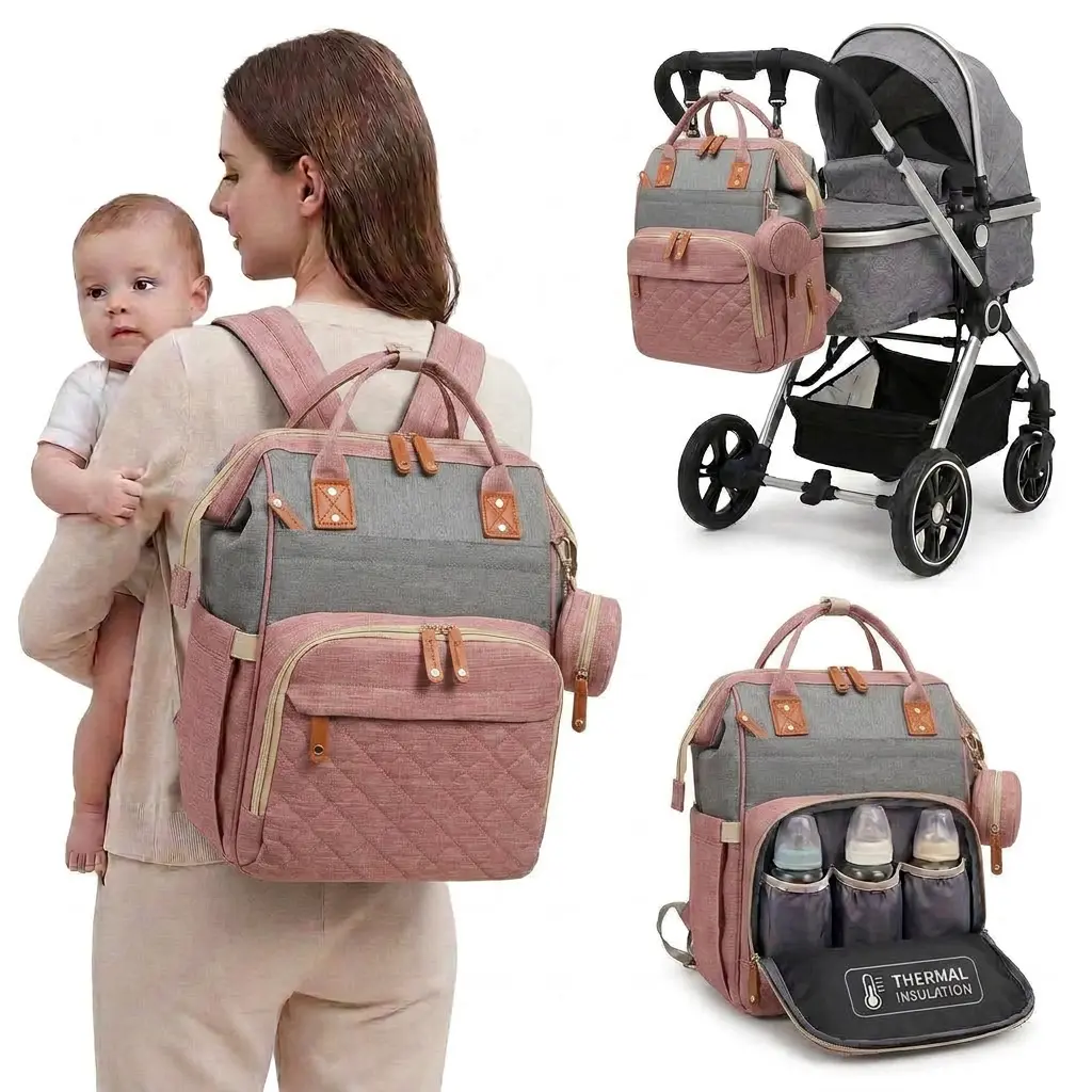 Waterproof Multi-Function Diaper Backpack with Foldable Bassinet, Stroller Straps, Thermal Bottle Holders, USB Port - Baby Items, Ideal Shower Gift for Parents (Baby Travel Gear)