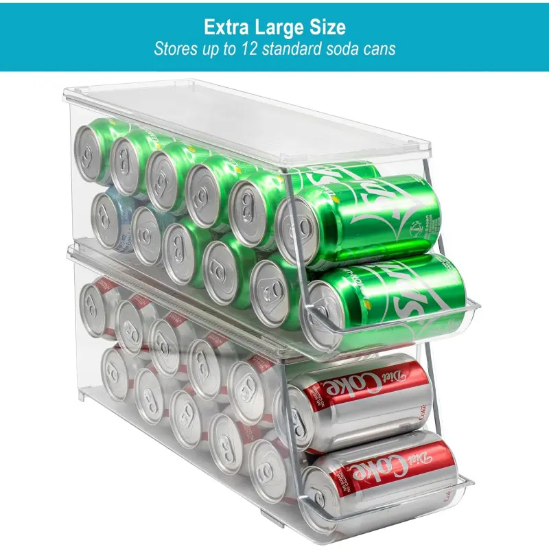 Soda Can Organizer for Refrigerator Stackable Can Holder Dispenser with Lid for Fridge, Pantry, Freezer – Holds 12 Cans Each, BPA-Free, Clear Design, (2-Pack)