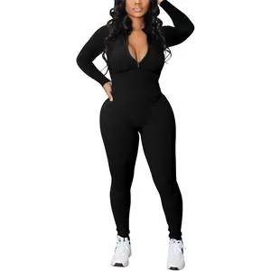 Women's Ribbed Bodycon Jumpsuit Long Sleeve Zip Up Front Romper Slim Fit One Piece with Pants