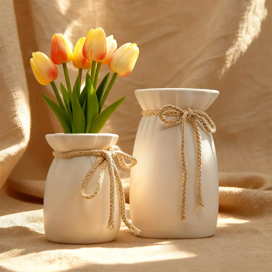 2pcs Ceramic Vase Set with Decorative Bow- Large& Cylindrical Vases for Fresh& Dried, Minimalist Home Decor, Perfect for Windowsill, Study Table, Bedroom, for Floral Arrangement Essentials, Vase for Flowers