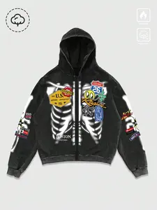 Unisex design featuring skeletal and decal elements, Long sleeve, vintage American-style wash water cotton zipper hooded cardigan sweatshirt, suitable for spring and autumn warmth, perfect for Y2K fashion, school events, gatherings, casual daily, Everyday