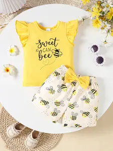Baby girl ruffled sleeve cute pattern comfortable yellow T-shirt and butterfly knot ladybug bee pattern fashionable shorts set