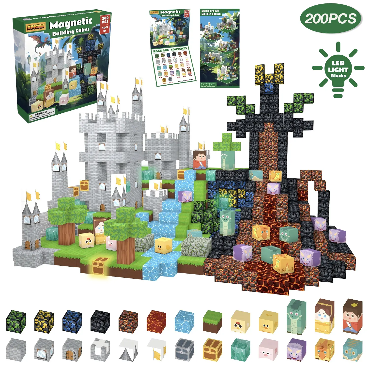200 Magnetic Construction Cubes (0.8×0.8×0.8 in) - Vibrant BPA-Free Magnetic Tiles, 3 Glow Blocks, Strong Magnets, Sturdy Build, STEM Montessori Sensory Toy, DIY Castle Playset, Gift for Kids Ages 3-12