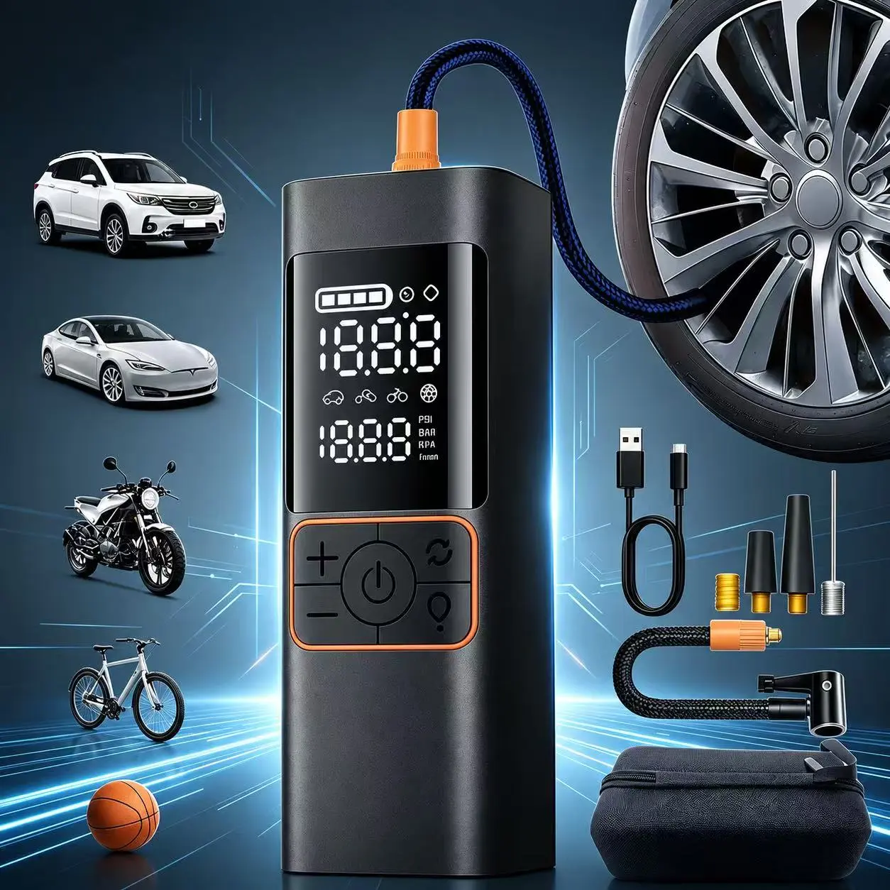 2026 Compact Cordless Portable Air Pump, 180PSI Digital Tire Inflator with Digital Pressure Gauge for Men's Car Stuff, 12V 22.2Wh Built-in Battery, Travel Power Bank, USB Charging, 3 Light Modes LED Light, Auto Shut-Off, Black Car Repair Tool