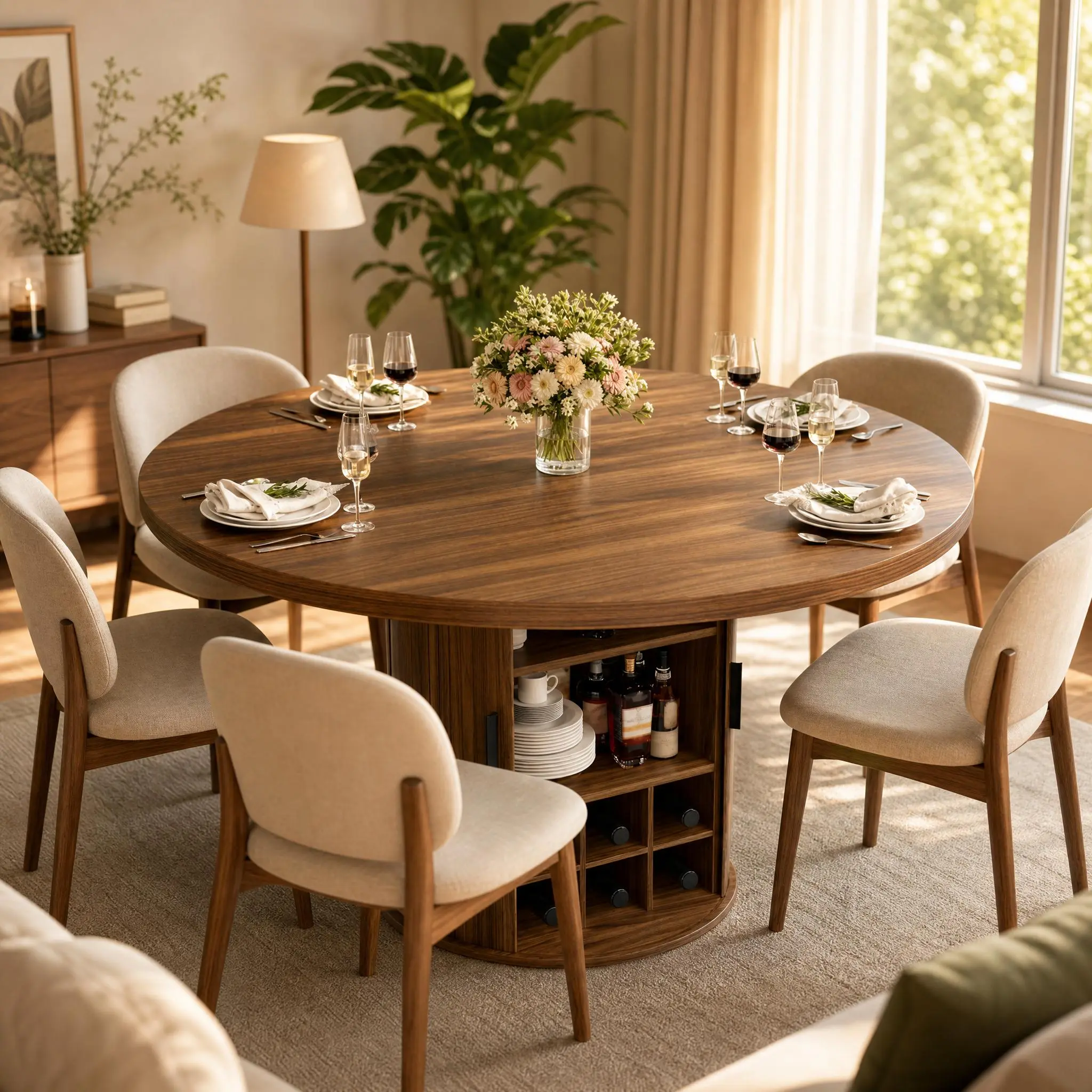 47-inch Diameter Walnut Dinner Table - Indoor Dining Furnishings, Modern Farmhouse Table with Detachable Storage Organizer, Wood Slide Door, 3-Layer Shelf, Seats 4-6, for Dining Room (Chairs Not Included),dorm essentials,home decor