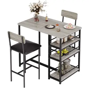 HPBBYLANE Bar Table and Chairs Set for 2, Dining Table Set with Storage Shelves, Counter Height Kitchen Table with 2 Upholstered Stools, 3 Piece Pub Table and Chairs Set for Small Space Apartment