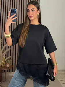 Spring Summer Women's Lady Solid Color Lace Patchwork Short Sleeve T-Shirt, Loose-Fitting Fashion Top, Casual Daily Wear, Womenswear