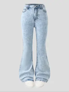 Fashion Cute Washed Flared Bell Bottoms Denim Jeans, Stretchy Elastic Fabric for Unrestricted Movement, Back Pocket Bow Embroidery Design, Basic Casual Fashion Pants