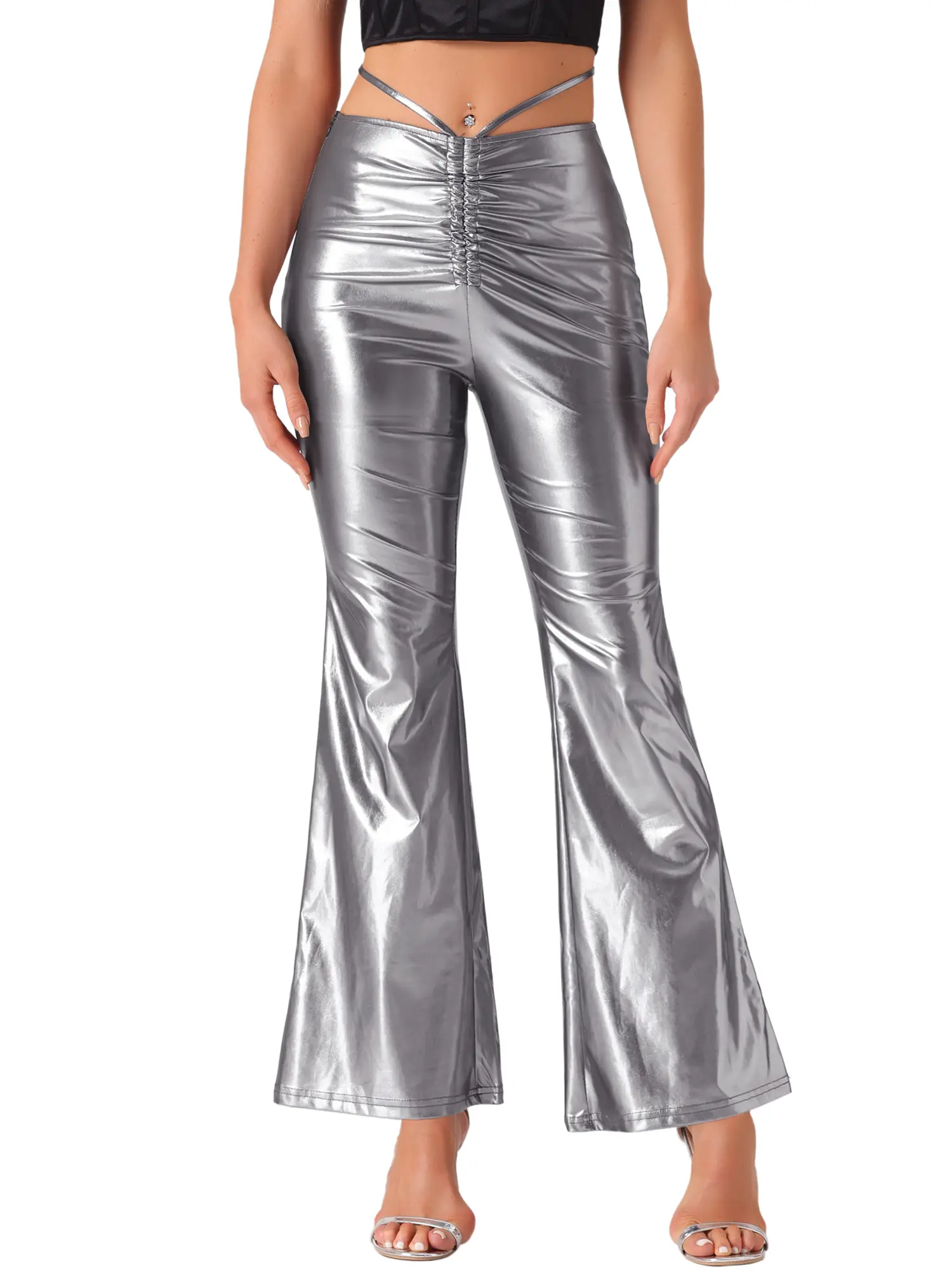 INSPIRE CHIC Disco Outfit Women's Drawstring Metallic Wide Leg Pants Silver
