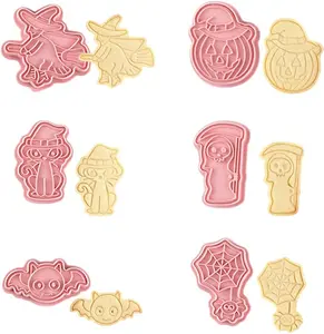 6pcs Halloween Cookie Cutters With Plunger Stamps Set 3D Cookie Stamps Funny Cartoon Biscuit Cutter for Baking Supplies