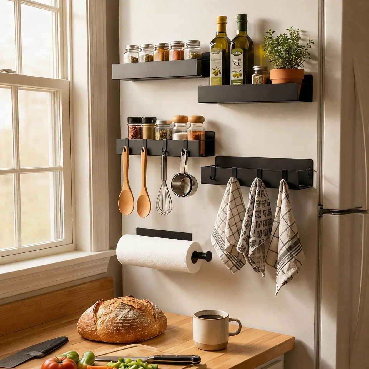 5-Piece Magnetic Spice Rack Set with Paper Towel Holder - Heavy Duty Metal Home Storage Solutions, Magnetic Refrigerator Organizer Shelving & Storage, No-Drill Universal Mount for Fridge, Washer, Oven Side, Kitchen Accessories, Organizes Spices