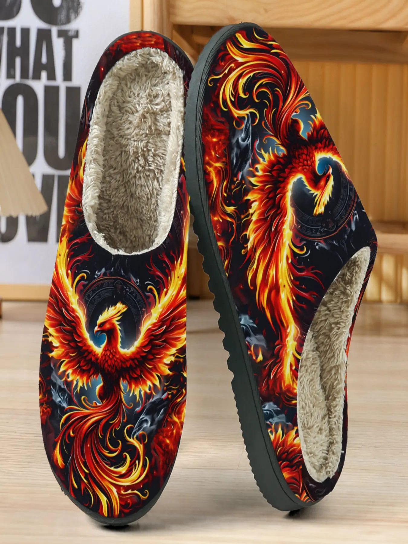 Phoenix Theme Cotton Slippers, Dark Background with Flame Gold Feather Phoenix, Soft Plush Lining, Casual Home Wear