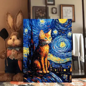 [Creative Canvas Wall Art] Vintage Orange Cat Starry Sky Canvas Print | 1pc Fun Creative Canvas Wall Art for Home, Bedroom, Kitchen, Living Room, Bathroom, Hotel, Cafe, Office - Unframed 12x18 Inches, 2D Flat