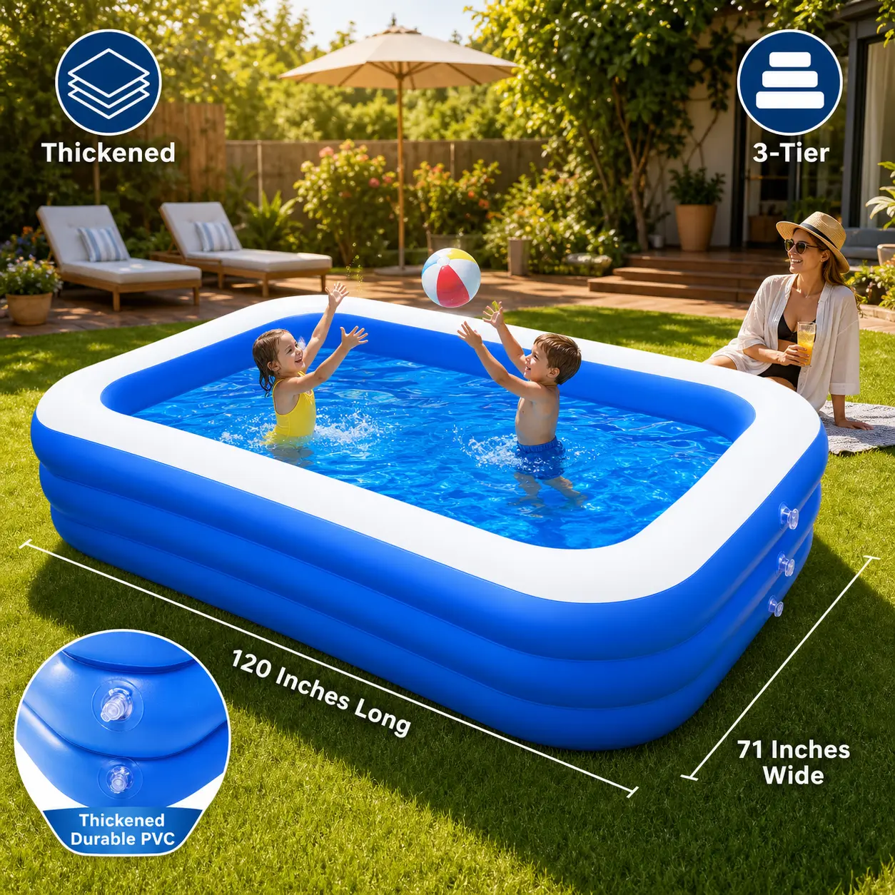 1PC Indoor/outdoor Inflatable Pool, Adult Use, Large Size Thick PVC Material, Perfect for Home Swimming, Hot Weather, Apartment Use, Relaxation, Rectangular Swimming Pool
