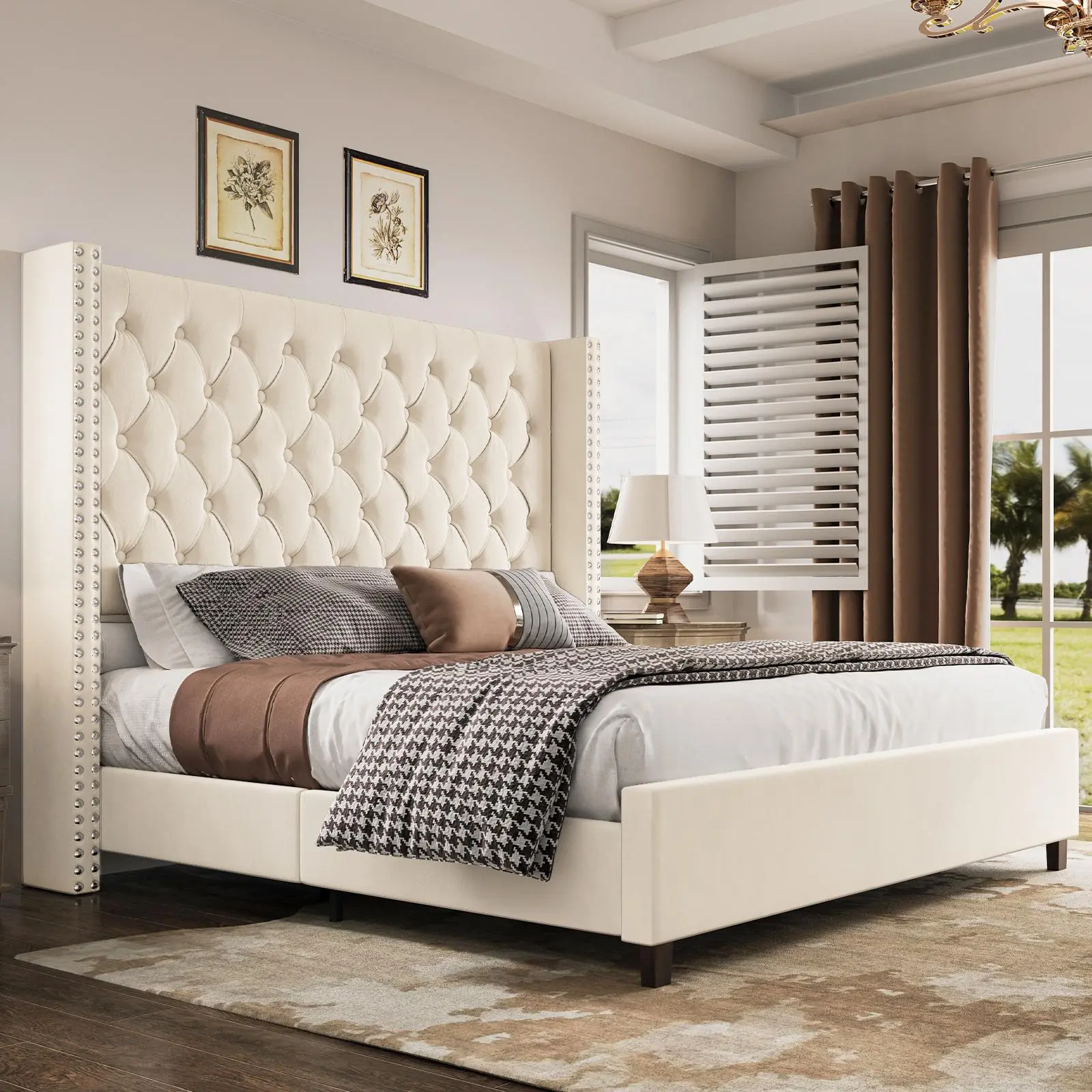 [Summerwins] [SummerFinds] AMERLIFE 61.4" Tall Bed Frame, Modern Upholstered Bed, Wingback Headboard, Velvet Tufted Handcrafted Pleat Deep Button/Comfort Luxury Design/Interior Wood Slats/No Box Spring Needed, Queen/King Size/Christmas Gifts