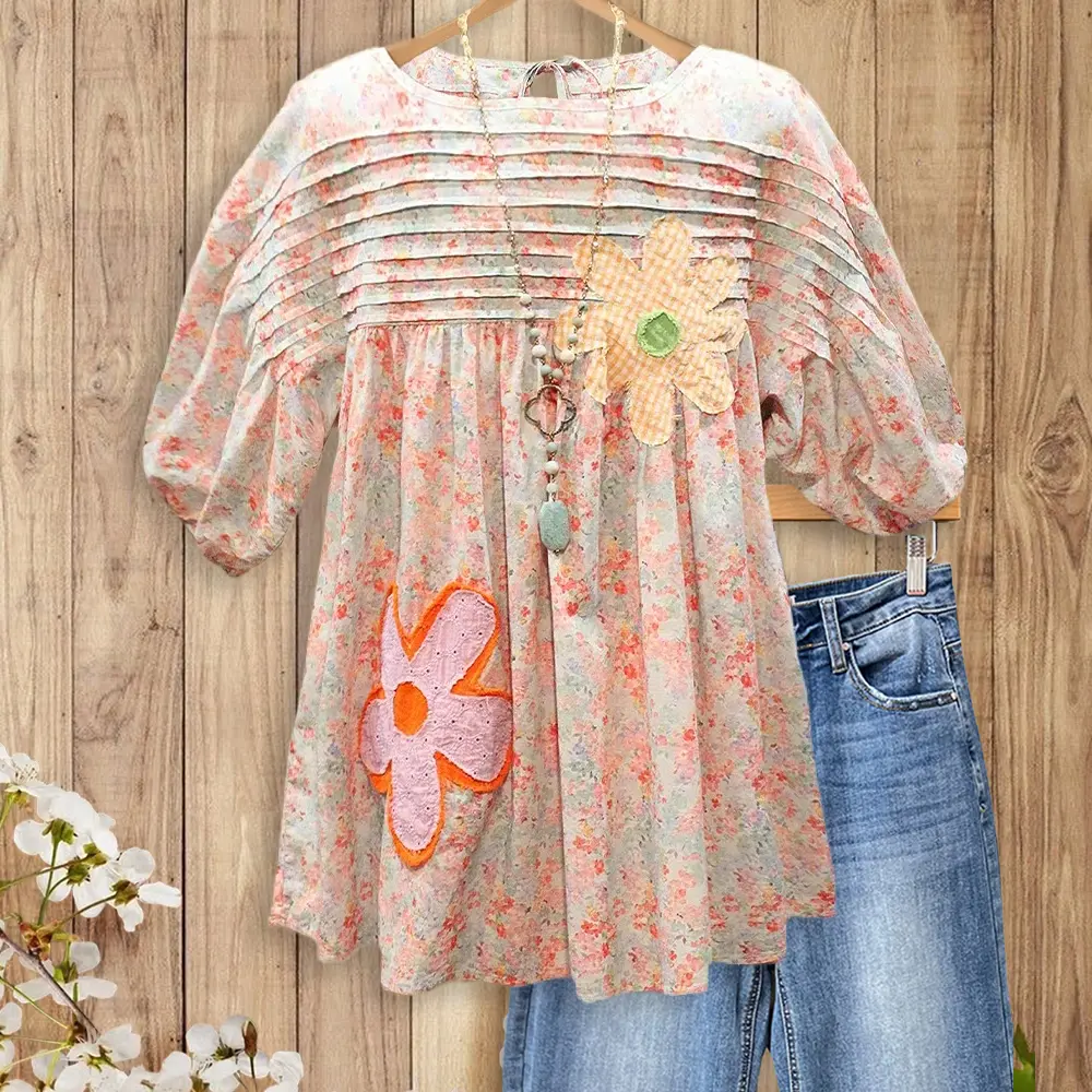 Sage Vell Women Puff Sleeve Blouse Cute Applique Flower Smocked Peplum Top Casual Loose Fit Tie Back Shirt Breathable Boho Blouse for Daily Vacation Beach Office Ladies Sweet Vintage Floral Tunic Top