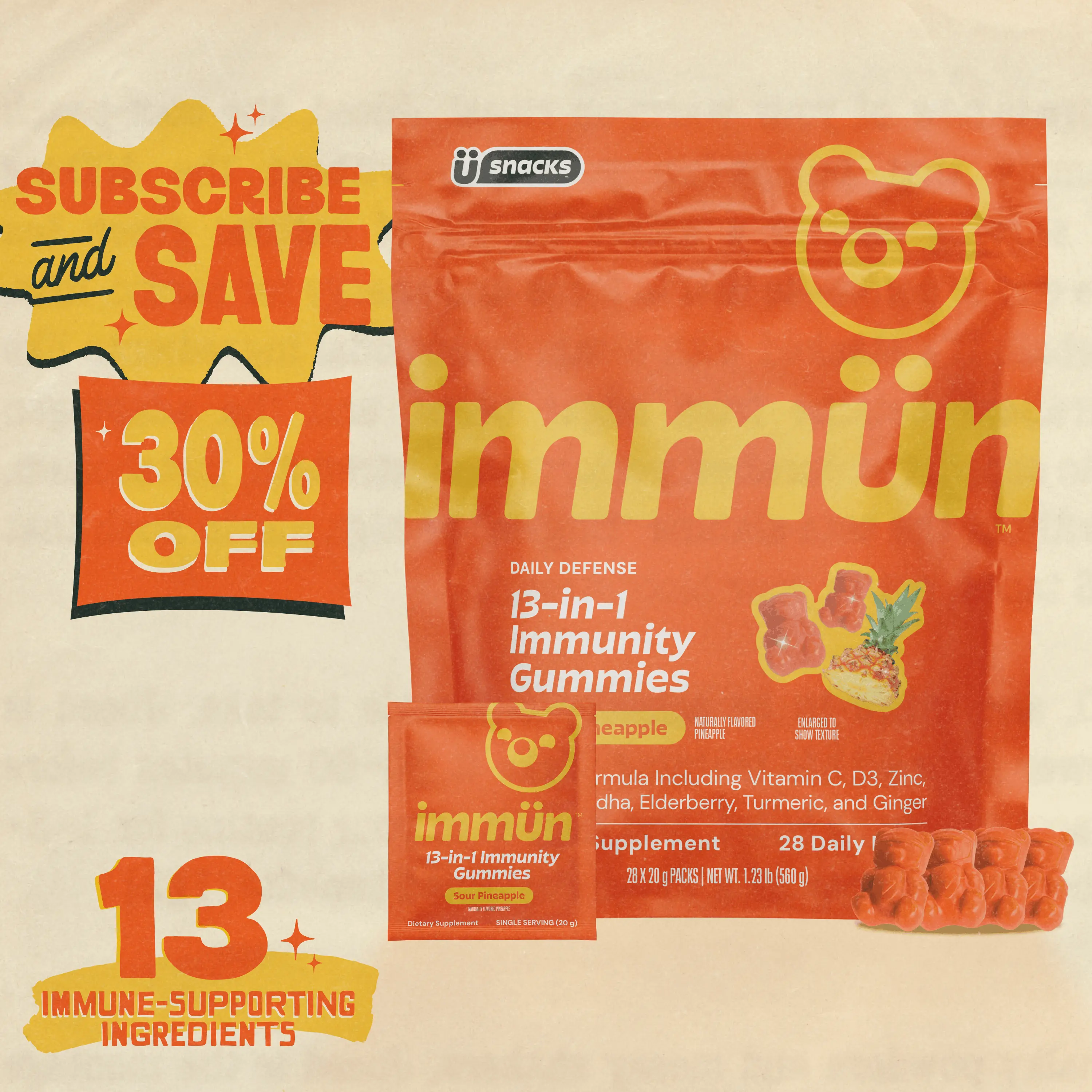 EXTRA SOUR Immün 13-in-1 Immunity Gummies (Extra Sour Pineapple): Daily immune defense supplement with 13 clinically studied ingredients: Vitamin C, D3, Zinc, Ashwagandha KSM-66, Elderberry, Prebiotics, Adaptogens, Gluten Free, Vegan, Third Party Tested