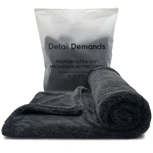 Detail Demands Extra Large Microfiber Car Drying Towel 1400 GSM 24" x 36" 70/30 Blend Streak Free Scratch Free Super Absorbent Black