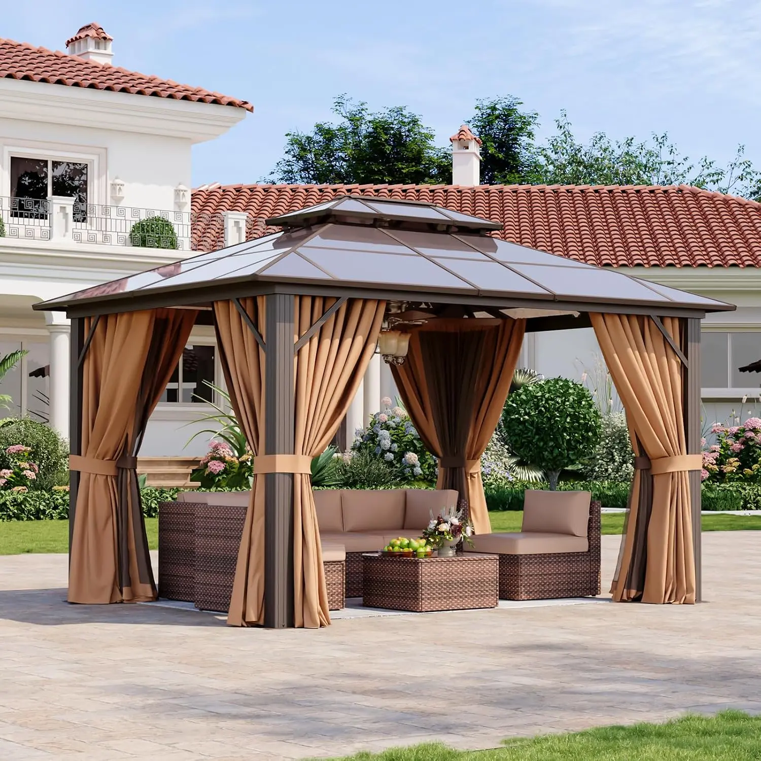 Jolydale 12'x10'  Hardtop Gazebo, Aluminum Frame Permanent Pavilion with Privacy Curtains and Netting, Modern Outdoor Pergola,Outdoor Polycarbonate Double Roof Canopy, for Garden, Lawns,Patio,Brown
