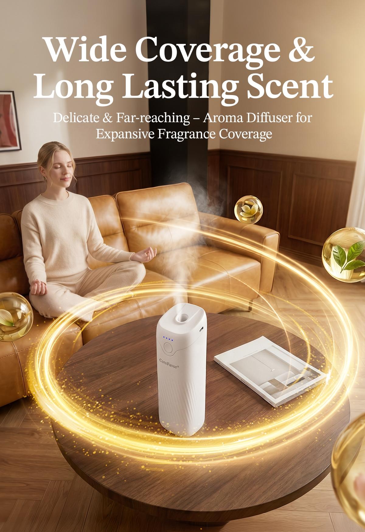 CoreFavor Waterless Essential Oil Diffuser（M60）with 120ml Oil, Portable Battery-Operated Cold Air Aroma Scent Machine, 4 Adjustable Intensity Levels, Quiet Diffuser for Bedroom, Office, Bathroom&Car