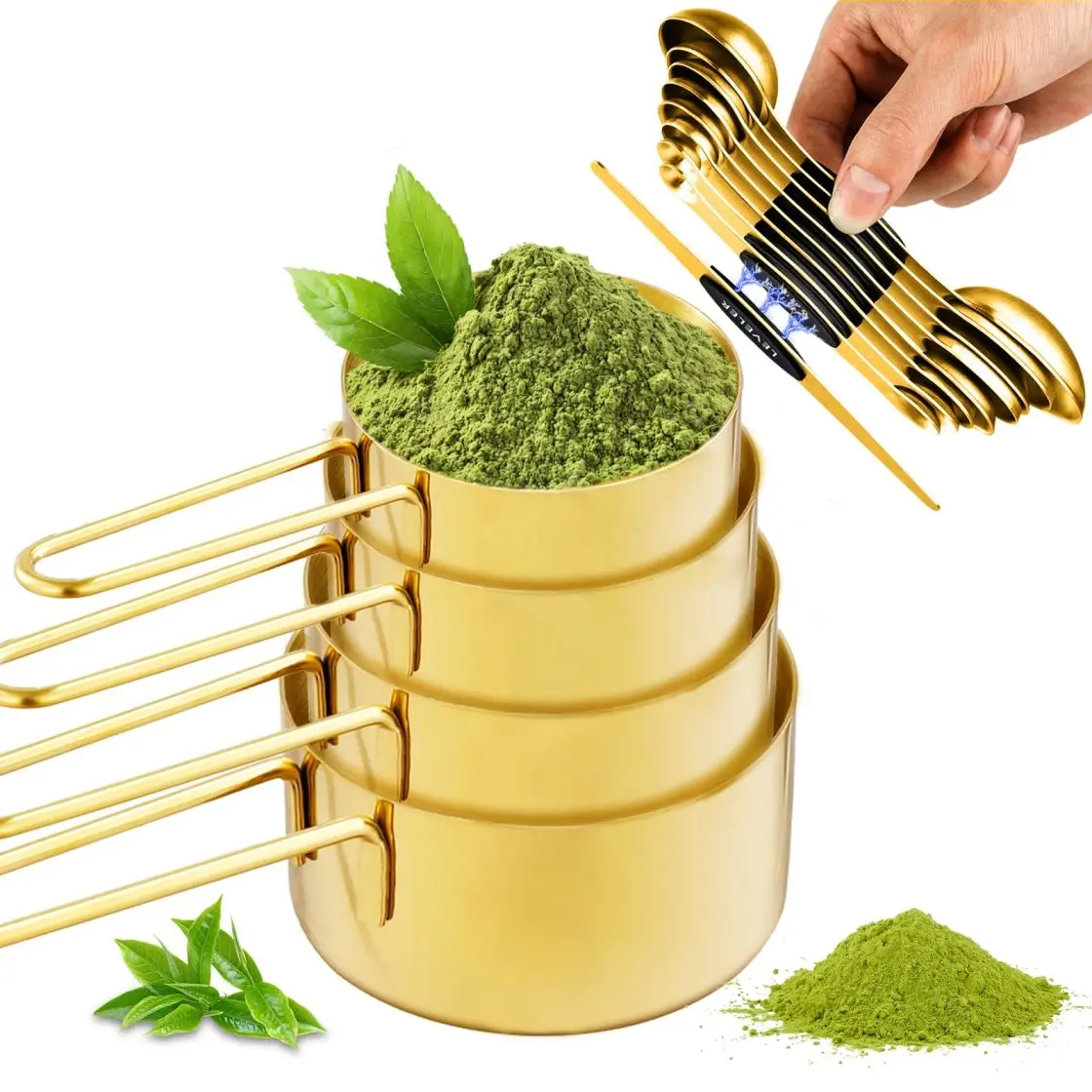 13-Piece Durable Gold Handle Metal Kitchen Measuring Utensils Set - 4 0-500 Ml Measuring Glasses + 9 Spoons, Magnetic Snapclose Stackable Utensils with Accurate Scale for Baking, Cooking