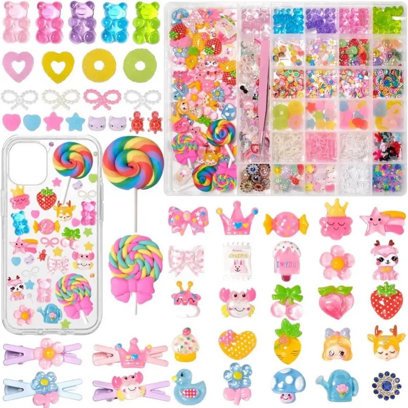 DIY Charm Phone and Nail Kit Multi-Color with Lollipops, Bow Ties, and More for Creative Fun