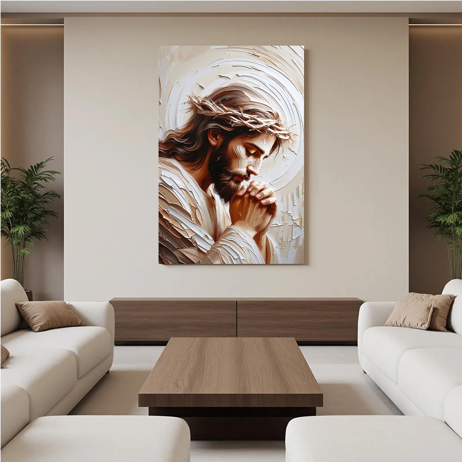 Jesus Praying Canvas Wall Art, Christian Faith Decor with Crown of Thorns, Luxury Religious Ornament for Living Room Home Decor Poster