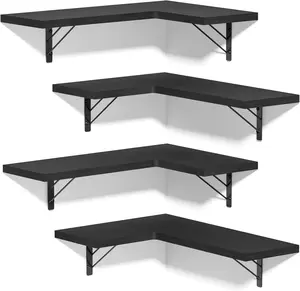 Set of 4 Corner Shelves Wall Mounted for Storage, Rustic Wood Hanging Shelves for Display, Bathroom Kitchen Bedroom Living Room, Black - Decor, Wooden