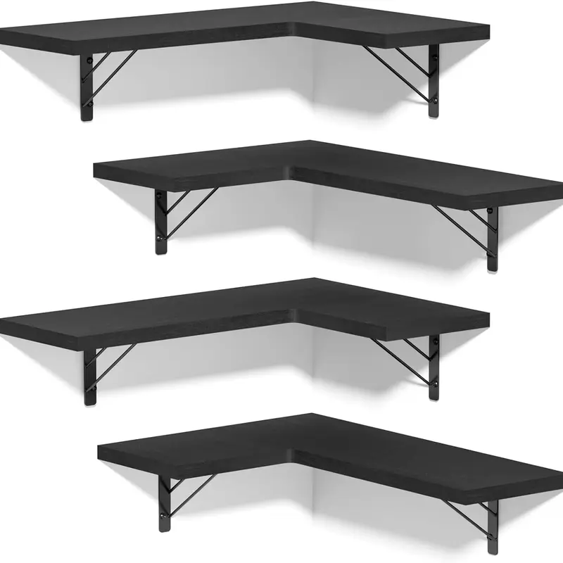 Set of 4 Corner Shelves Wall Mounted for Storage, Rustic Wood Hanging Shelves for Display, Bathroom Kitchen Bedroom Living Room, Black - Decor, Wooden