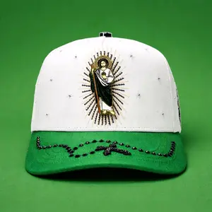 BB San Judas White Baseball Cap with Green Brim and Embroidered Design for Men