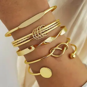 Women's 5-Piece Vintage Elegant Geometric Twisted Glossy Open Bangle Set, Versatile Bracelet for Party, Vacation, Ideal Holiday Gift