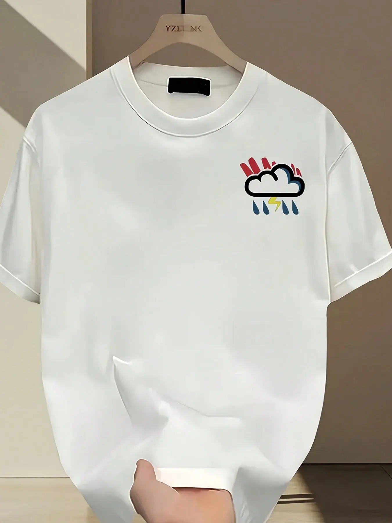 Men'S Casual Sports T-Shirt - Solid Color With A Striking Cloud Pattern Print, Breathable Summer Short Sleeves, Regular Fit Crew Neck