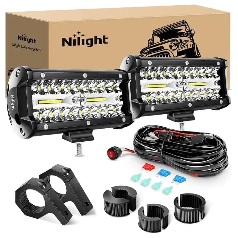 Nilight 6.5in 120W Triple Row Spot Flood LED Work Light Bars (Pair) - Offroad Horizontal Tube Clamp, 16AWG Wire, 3-Pin Switch, Waterproof Aluminum Body, 120W Power, Led Car Lights, Driving Light Strip