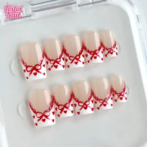 Red Bow Handmade Press-On Nails, False Nails | Medium Square Shape, 10pcs | Red Bow & Heart Design | Nude Base & White French Tip & Red Ribbon Accents | Reusable DIY Nail Kit for Women | Trendy Nails for Spring, Summer, Dates & Valentine's Day