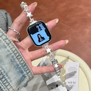 Fashion Silver Color Star Rhinestone Alloy Chain Adjustable Watch Band, Suitable for Apple Watch S11/s10/9/8/7/6/5/4/3