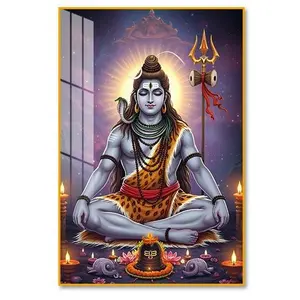 Crystal Porcelain Lord Shiva Wall Art Painting with Golden Aluminum Frame Spiritual Home & Office Decor 24x36 inches