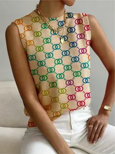 Women's Geometric Patchwork Print Stand Collar Sweater, Casual Chic Sleeveless Knit Top for Spring Fall Winter, Comfortable All-Season Wear