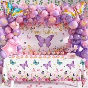 Butterfly Birthday Decorations Party Supplies for Girls Women with Pink Purple Balloon Arch Kit Backdrop Tablecloth Butterfly Wall Decor Foil Balloons Cake Toppers