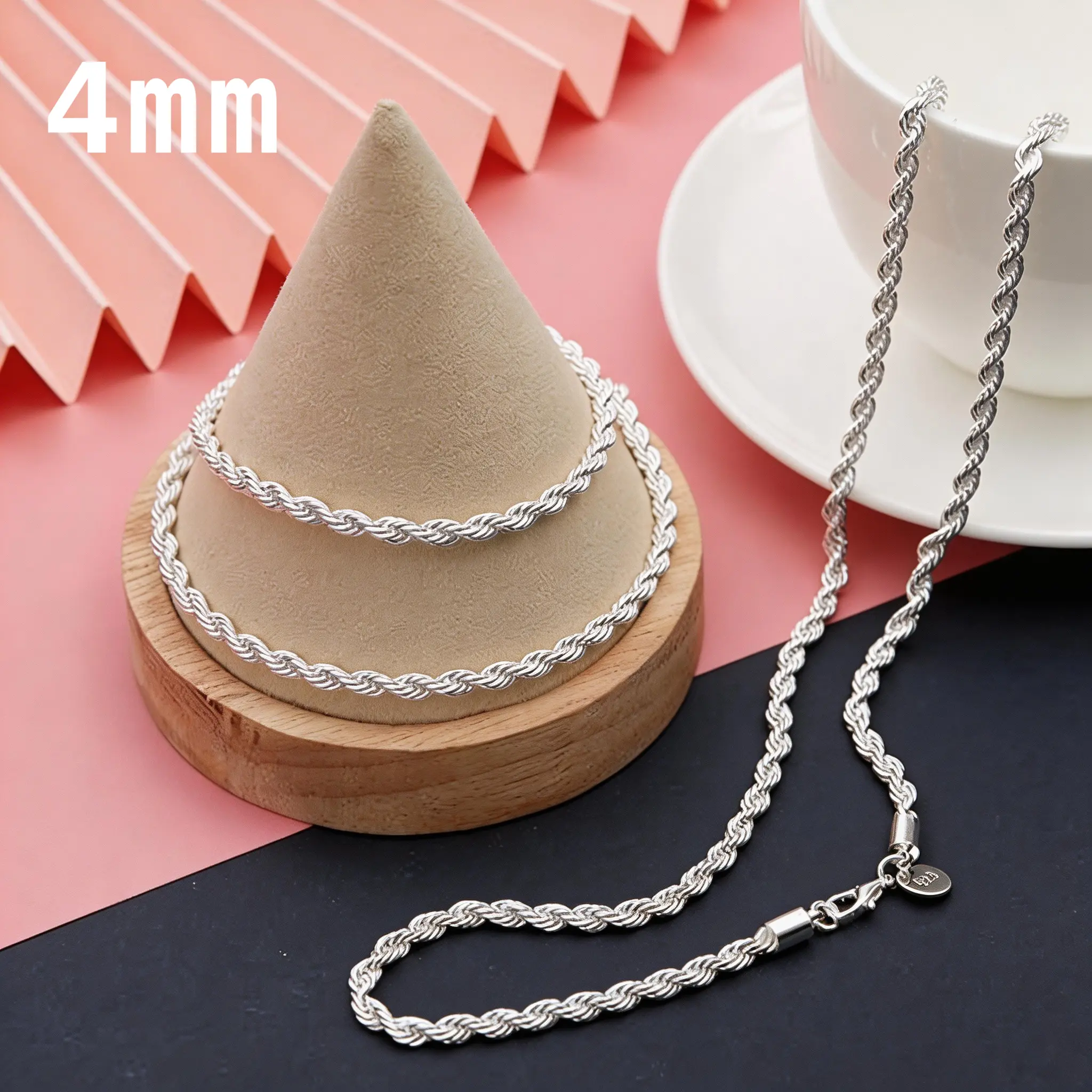 Must-have 4mm 925 Silver Plated 20/24Inch Twisted Rope Chain Necklace For Man Women Fashion Birthday Wedding Jewelry Gifts