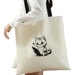Cute Black Cat Print Canvas Tote Bag - Large Capacity Reusable Shopping & Travel Shoulder Bag