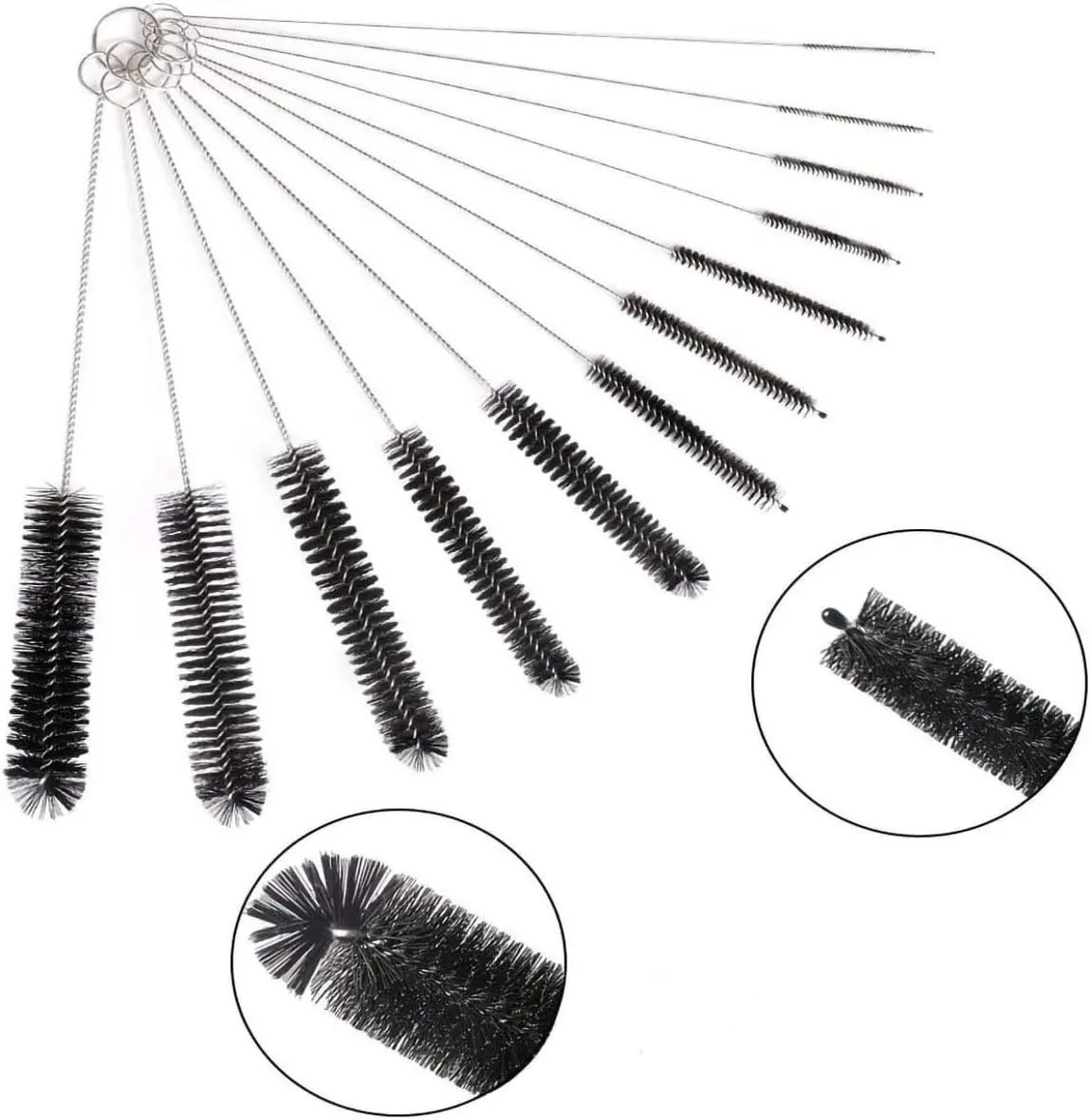 Baby Bottle Cleaning Brush Set, 12-Piece Stainless Steel & Nylon Brushes (Does Not Rust, Not Easy to Deform) for Narrow Neck Bottles, Straws, Sippy Cups, Dishwasher Safe with Removable Key Ring, Moderate Hardness