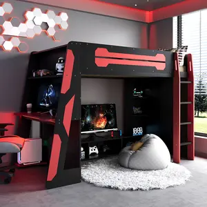 Twin Size Wood Loft Bed with Desk & RGB Light Esports Style Integrated Work Play Desk Under-Bed Zone 92.70x40.80x65.00 inches Multi-storage Shelves
