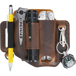 Full-Grain Genuine Cowhide Leather Multitool Sheath |  Stitched Belt Organizer for , Flashlight, Pen & EDC Tools | Multi-Tool Holster Pouch with  Clip